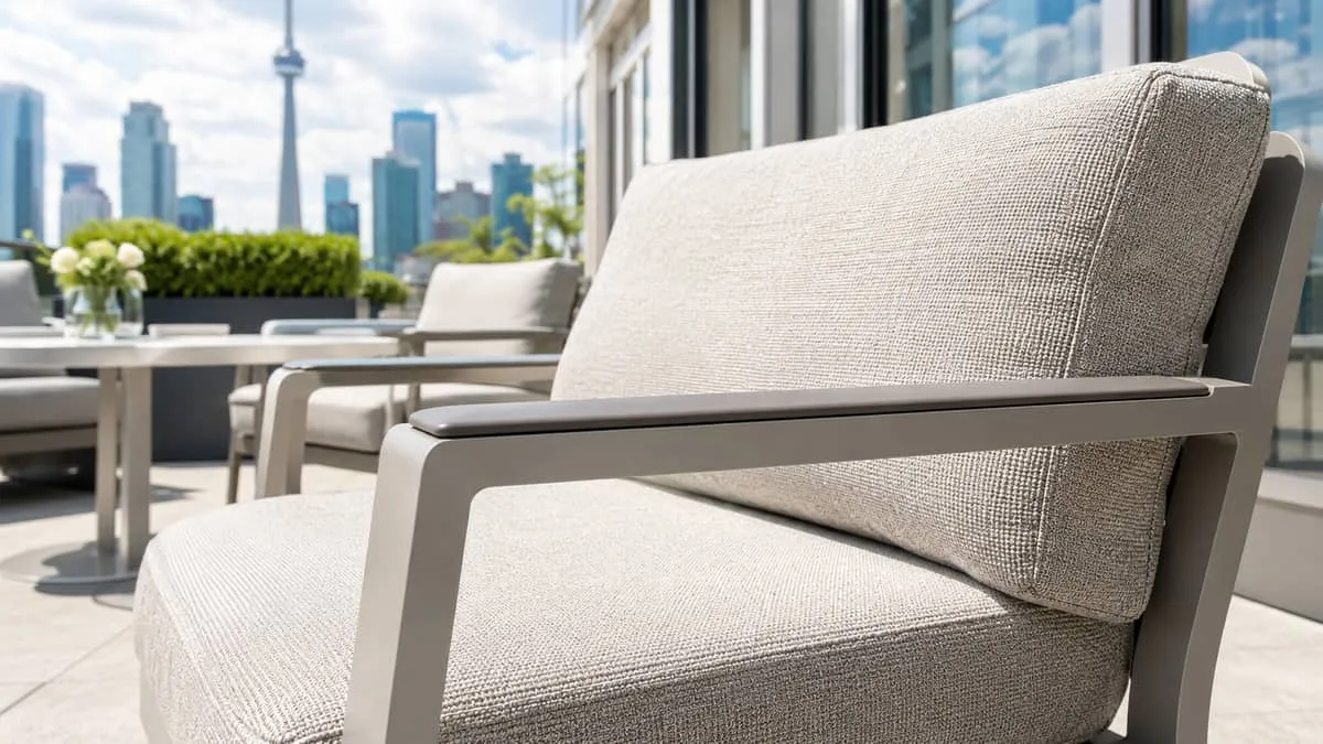 close-up of commercial patio furniture showing weather-resistant aluminum frame and Sunbrella fabric cushions on a Toron
