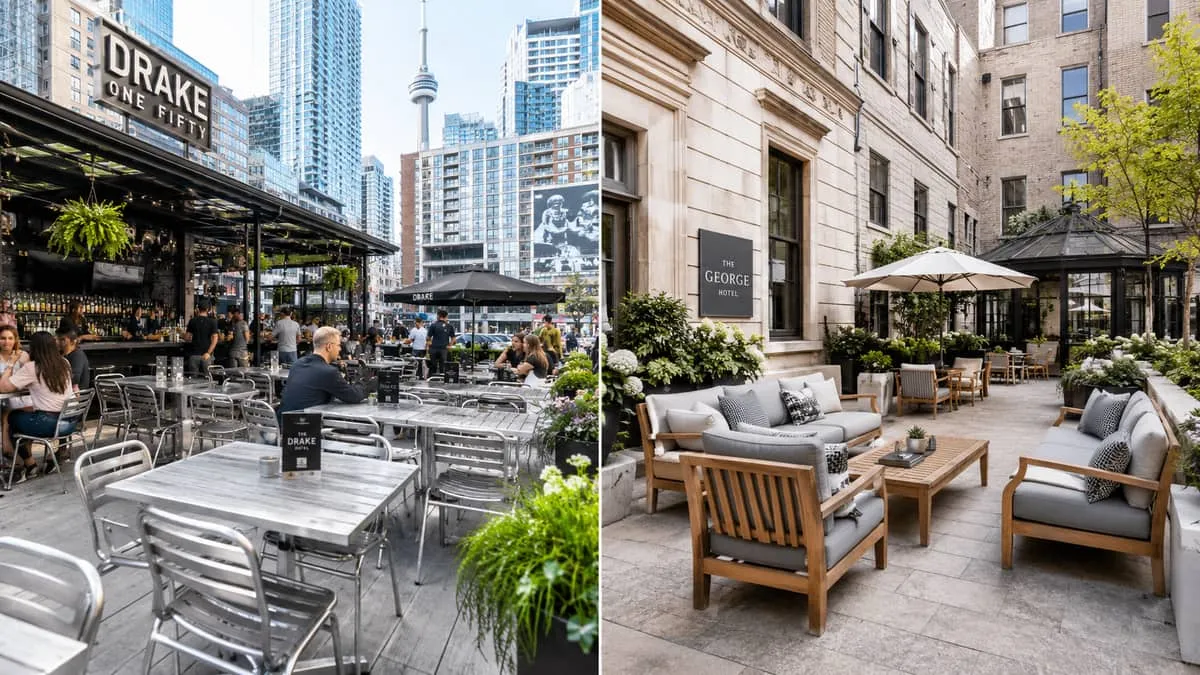 split-image showing two contrasting Toronto hospitality patio settings: one a high-volume bar patio with stackable alumi