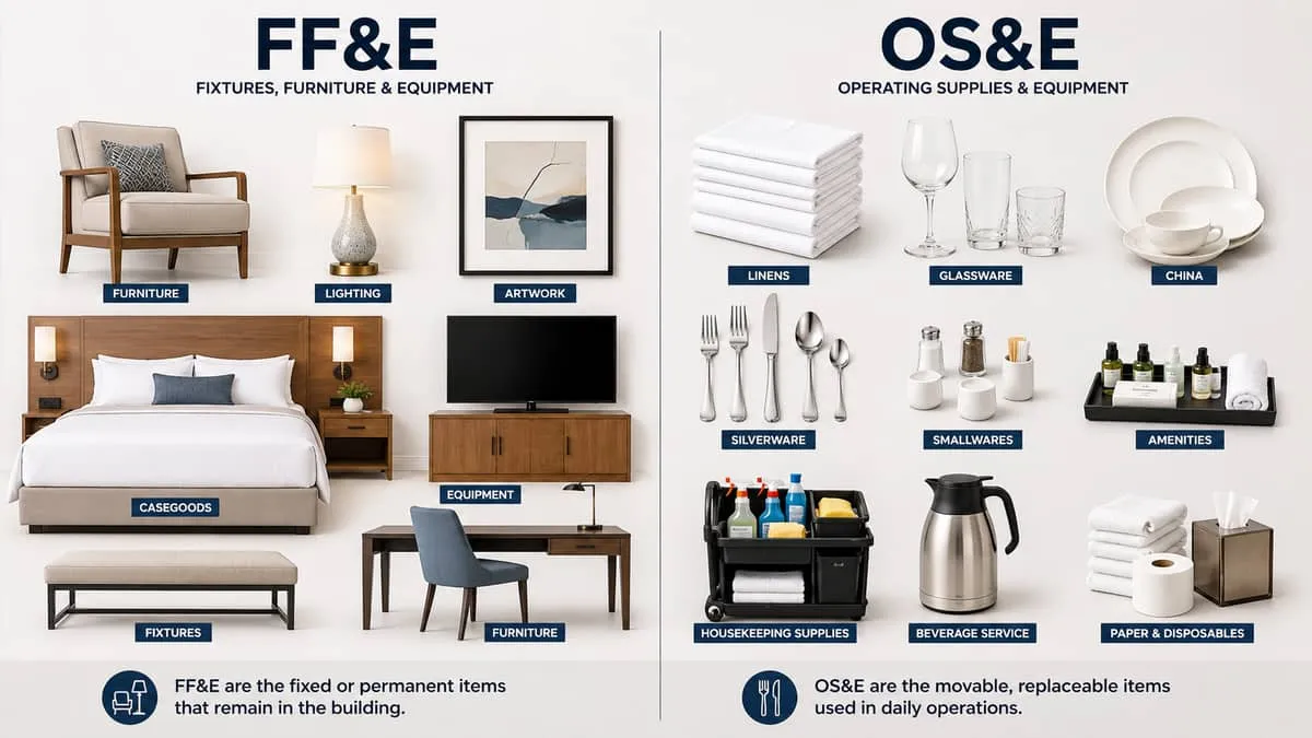 flat lay or organized grid showing the difference between FF&E items (chairs, lamps, artwork) and OS&E items (linens, gl