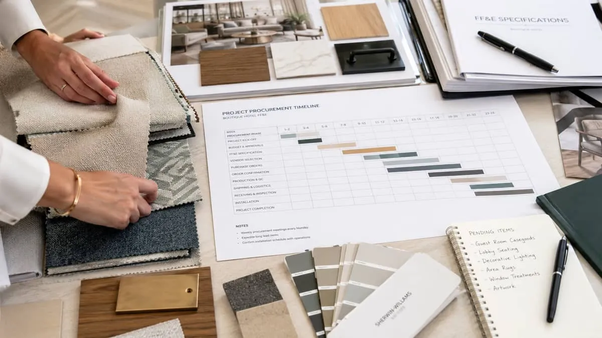 procurement timeline graphic or mood board laid out on a table with fabric swatches, finish samples, and printed schedul