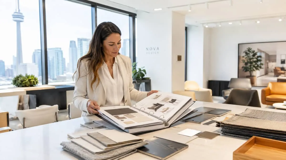 interior designer or procurement professional reviewing furniture samples or a specification binder in a bright Toronto 