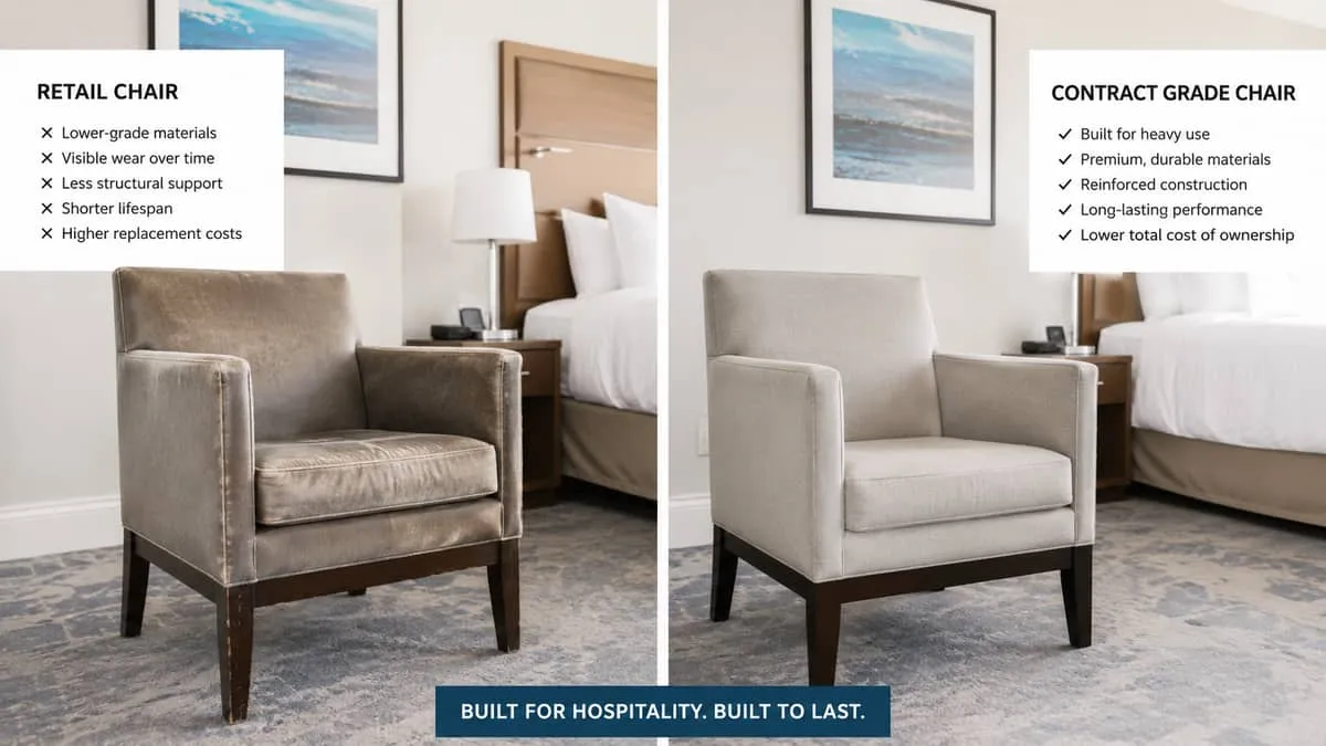 side-by-side comparison showing a worn retail chair versus a durable contract-grade hospitality chair, both photographed