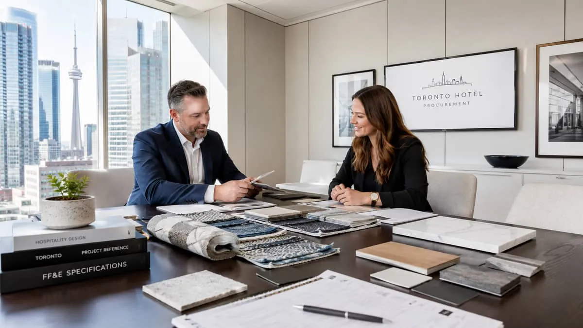 a Toronto hotel procurement or design meeting scene, showing a hospitality designer or project manager reviewing furnitu