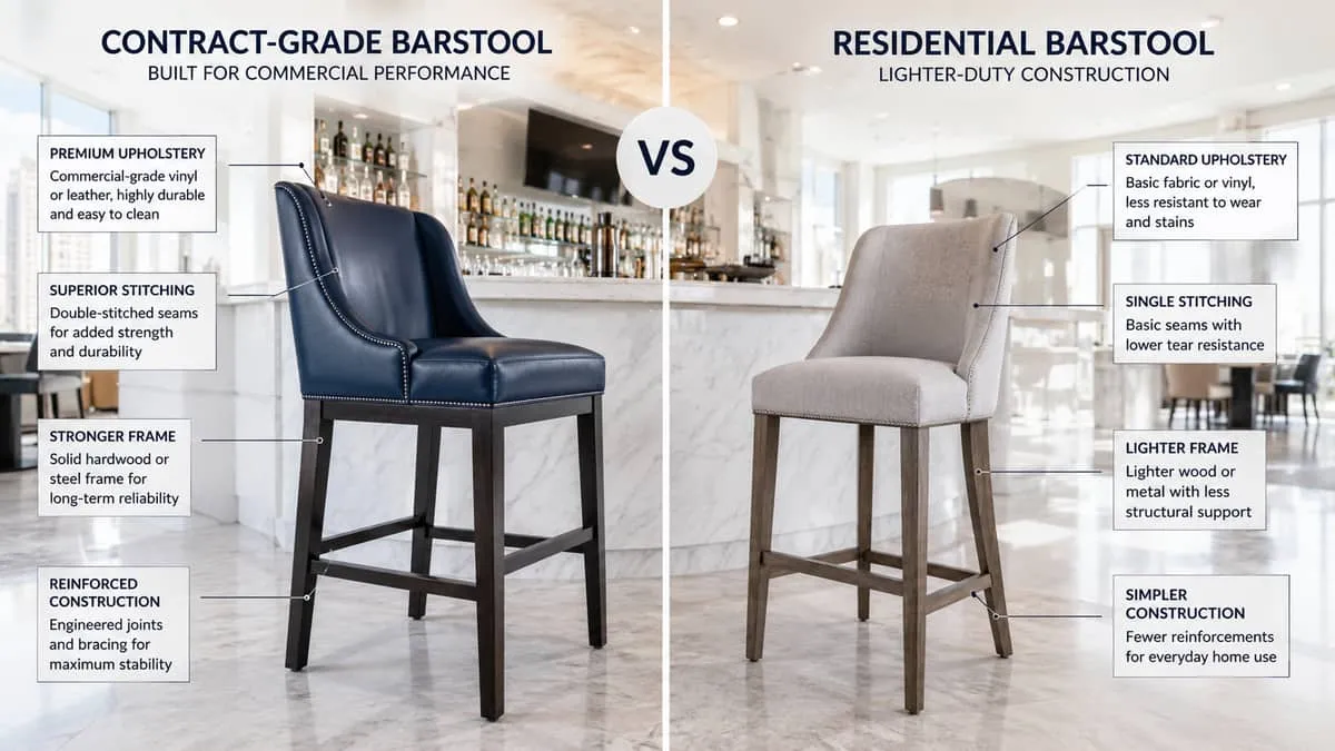 side-by-side comparison of contract-grade upholstered barstool versus residential barstool, highlighting stitching quali