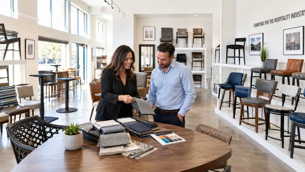a commercial furniture supplier showroom with restaurant chairs, barstools, and table bases on display, with a sales rep