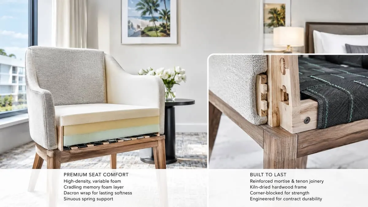side-by-side comparison or detail shot showing high-density foam cross-section or reinforced chair joinery, contract fur