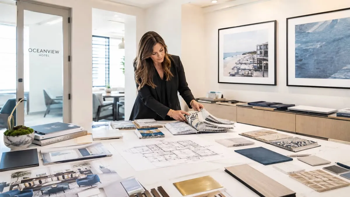 designer or project manager reviewing fabric swatches and furniture samples on a large table, hospitality project planni