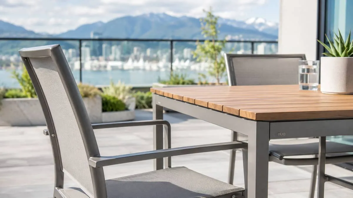 close-up of powder-coated aluminum commercial dining chairs paired with a teak table on a Vancouver hotel patio, showing