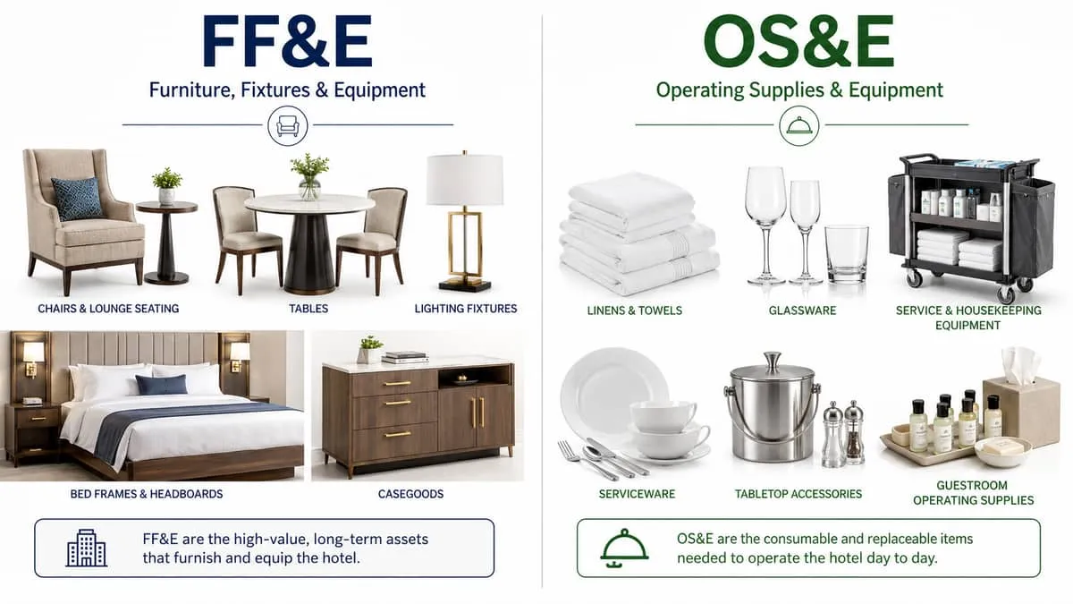 split comparison image showing FF&E items on one side (hotel chairs, tables, bed frames, lighting) and OS&E items on the