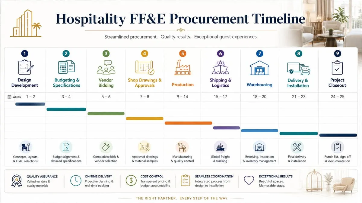 procurement timeline graphic or Gantt-style chart showing stages from design development through installation, hospitali