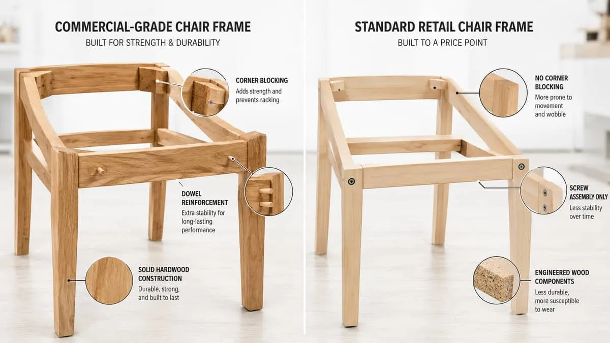 close-up comparison of commercial-grade chair joinery versus a standard retail chair frame showing corner blocking, dowe