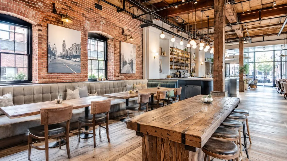 a Gastown-style hotel lounge or restaurant with reclaimed wood furniture, exposed brick, and custom upholstered banquett