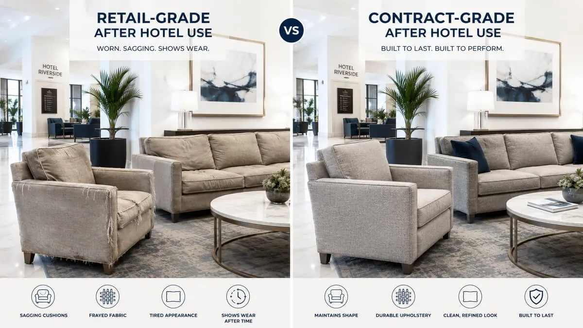 side-by-side comparison showing worn retail-grade lobby seating versus well-maintained contract-grade seating after equi
