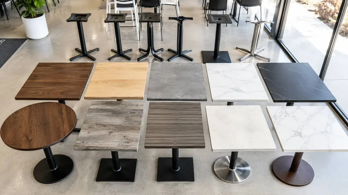 overhead shot of restaurant table tops in different finishes, including solid wood, laminate, and porcelain, displayed n