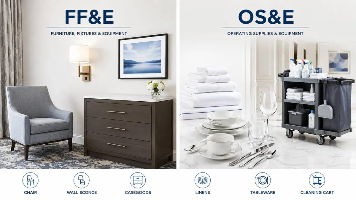 split image showing FF&E items on one side (hotel chair, wall sconce, case goods dresser) and OS&E items on the other (l