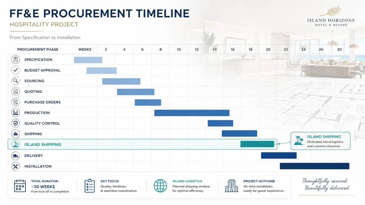 a procurement timeline or Gantt chart style graphic showing FF&E project phases from specification through installation,