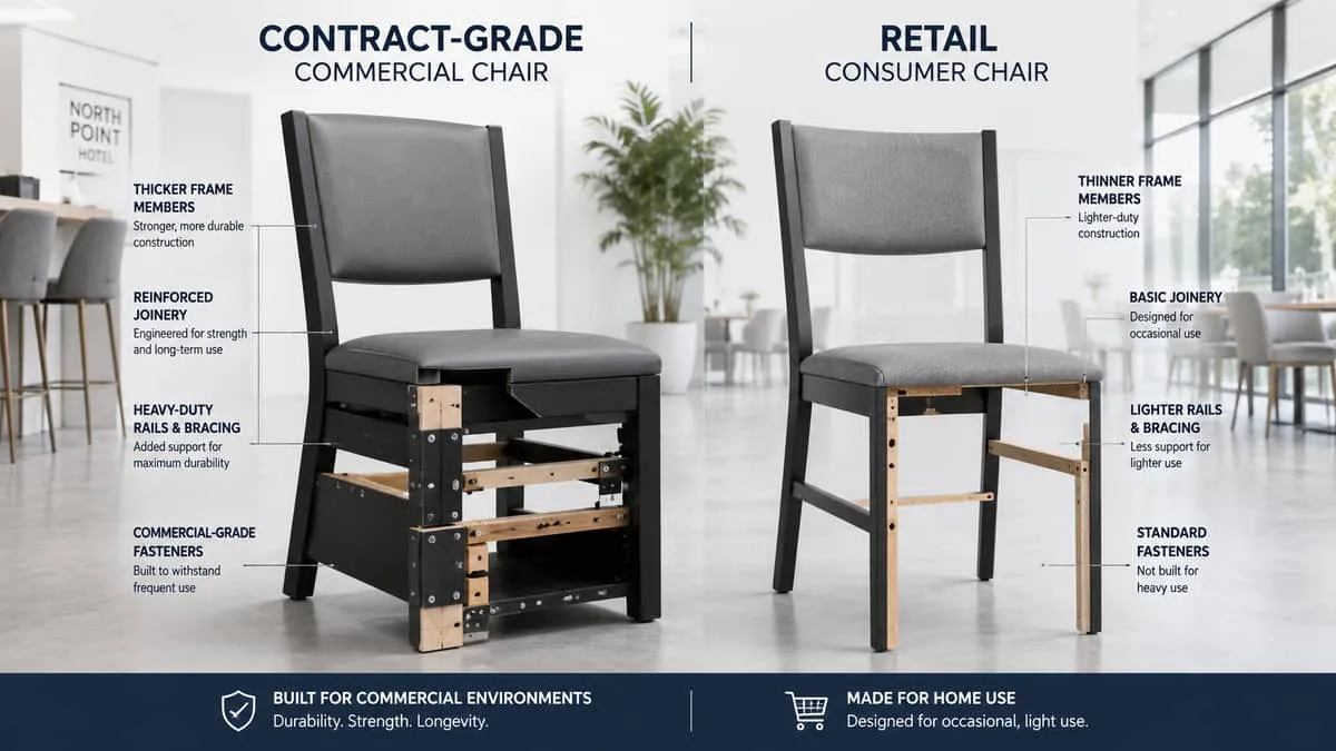 side-by-side comparison of a contract-grade commercial dining chair and a retail consumer chair, showing structural diff