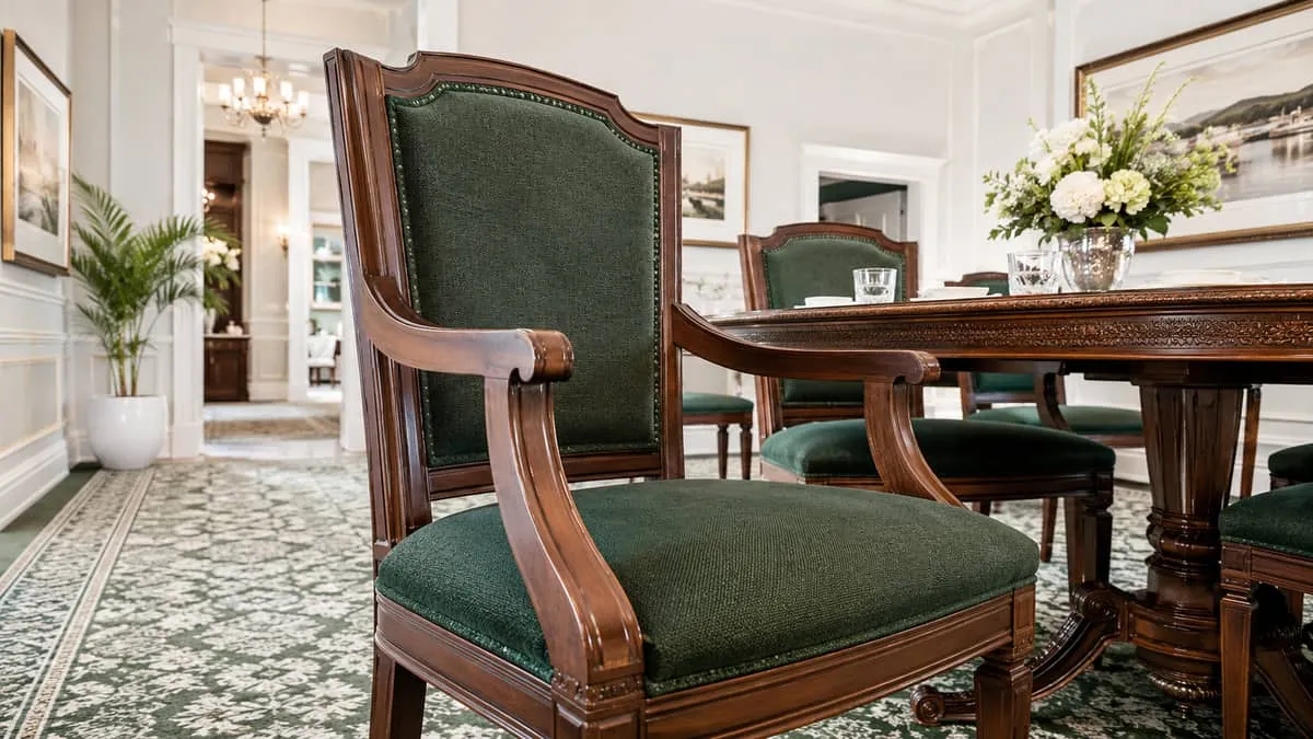 close-up of wood-frame dining chairs with upholstered seats in deep green fabric, set in a heritage-style dining room wi