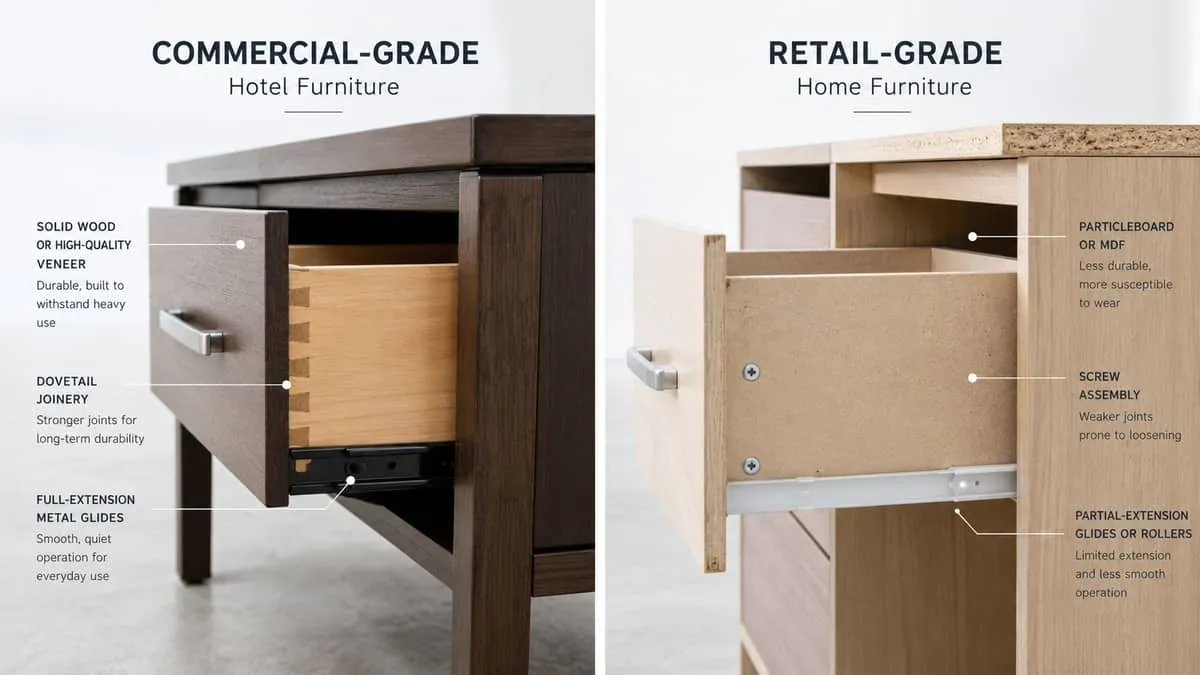 close-up comparison showing commercial-grade hotel furniture joinery and drawer construction versus retail-grade furnitu