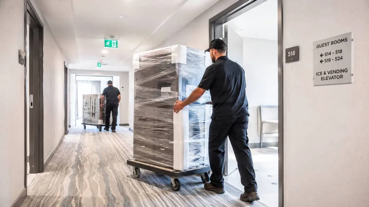 hotel furniture delivery and installation in progress inside a Manitoba hotel corridor, showing wrapped casegoods on dol