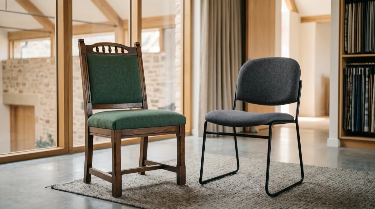 a modern padded stacking chair positioned beside a traditional wood frame upholstered chair in a sunlit sample room, representing two differ
