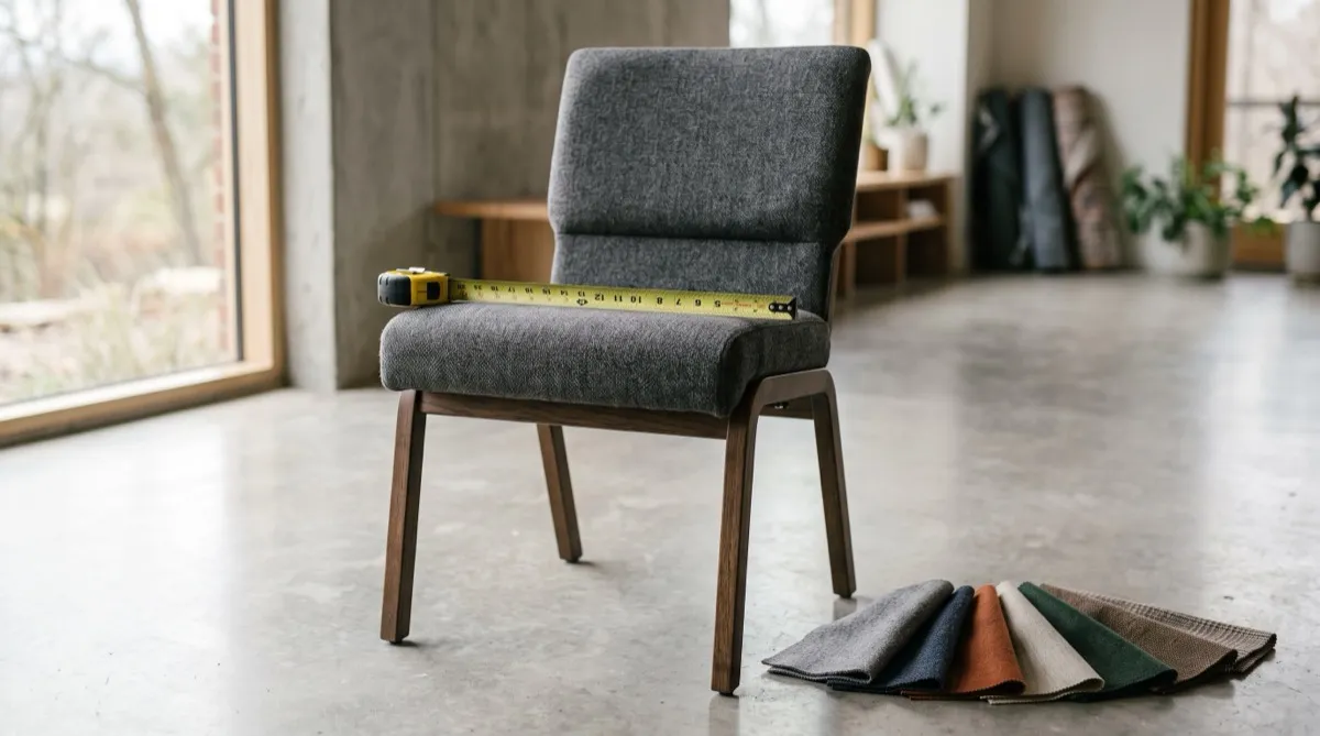 a single sample worship chair with a tape measure laid across the seat and several fabric swatches fanned out beside it on the floor, soft d