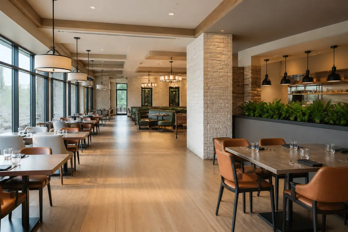 Accessible restaurant dining room with wide circulation aisles and varied table heights, bright and open