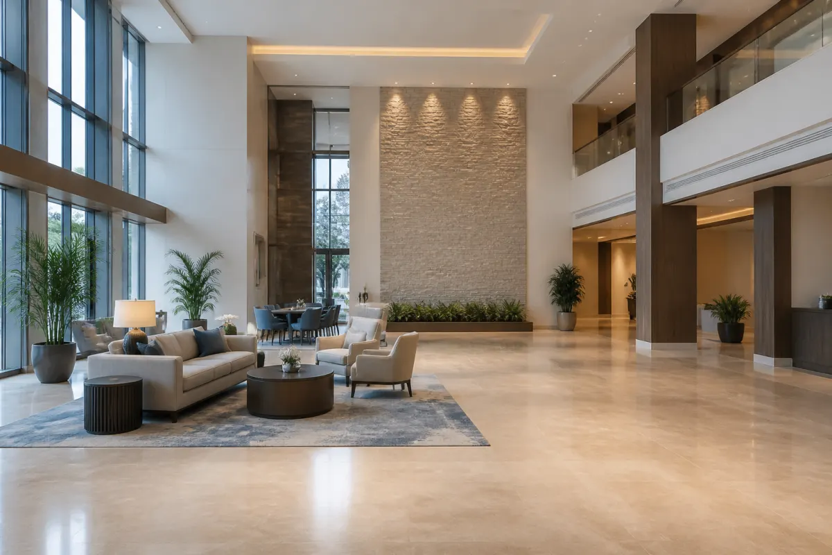 Hotel lobby with an accessible seating grouping and generous clear floor space, wide angle