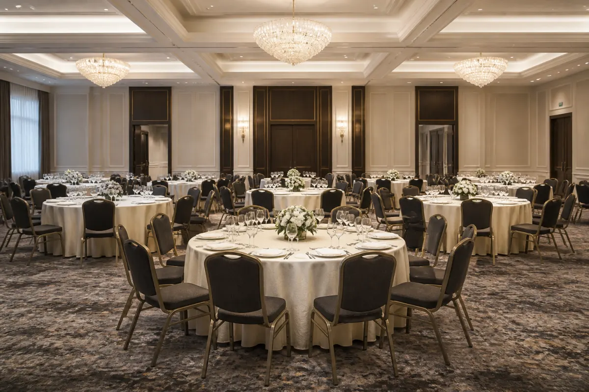 Hotel ballroom set with round banquet tables and stacking banquet chairs under chandeliers, wide symmetrical view