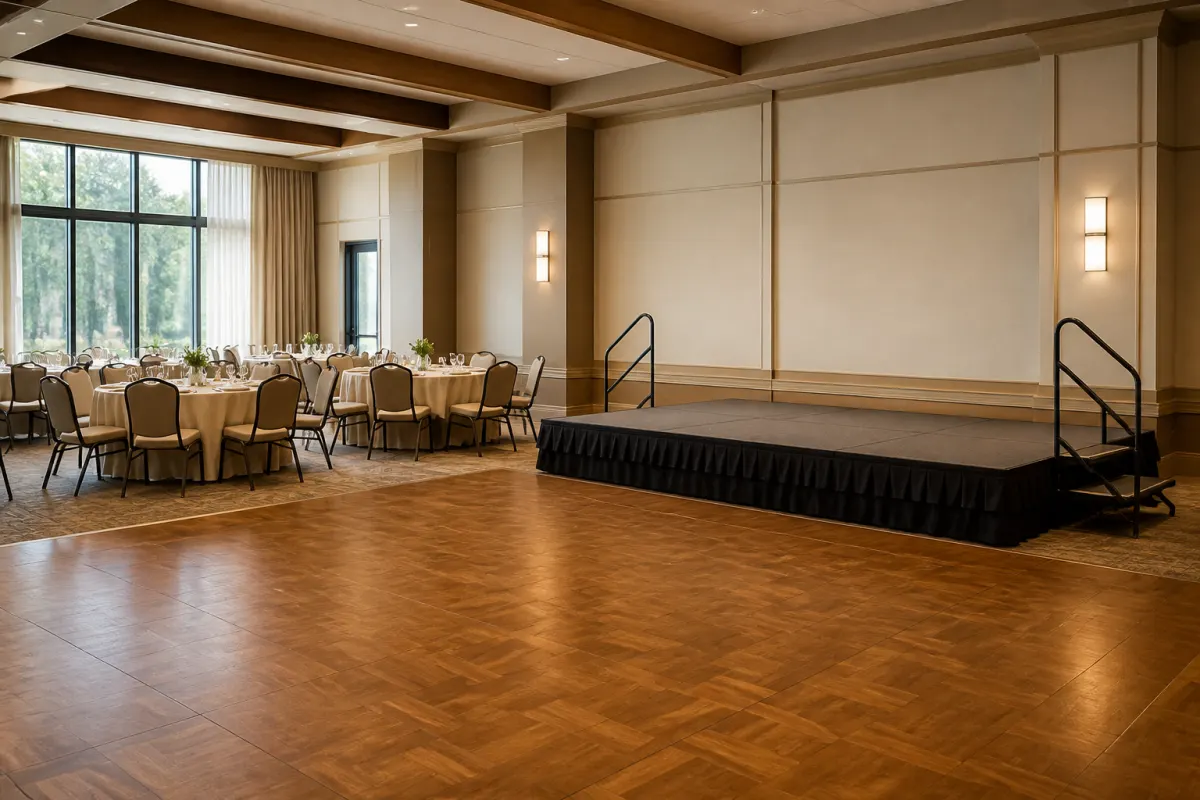 Ballroom corner with a portable stage riser and neatly staged banquet seating, seen from the dance floor