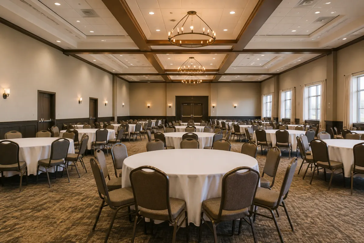 Large banquet hall set with round tables and padded stacking banquet chairs, wide establishing shot