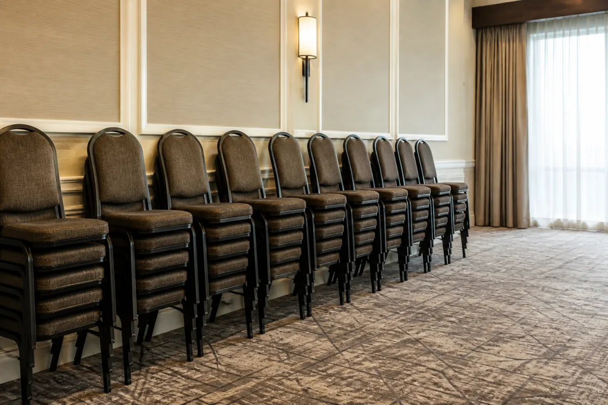 Row of stacked banquet chairs staged along the wall of an event room ready for setup, clean and orderly