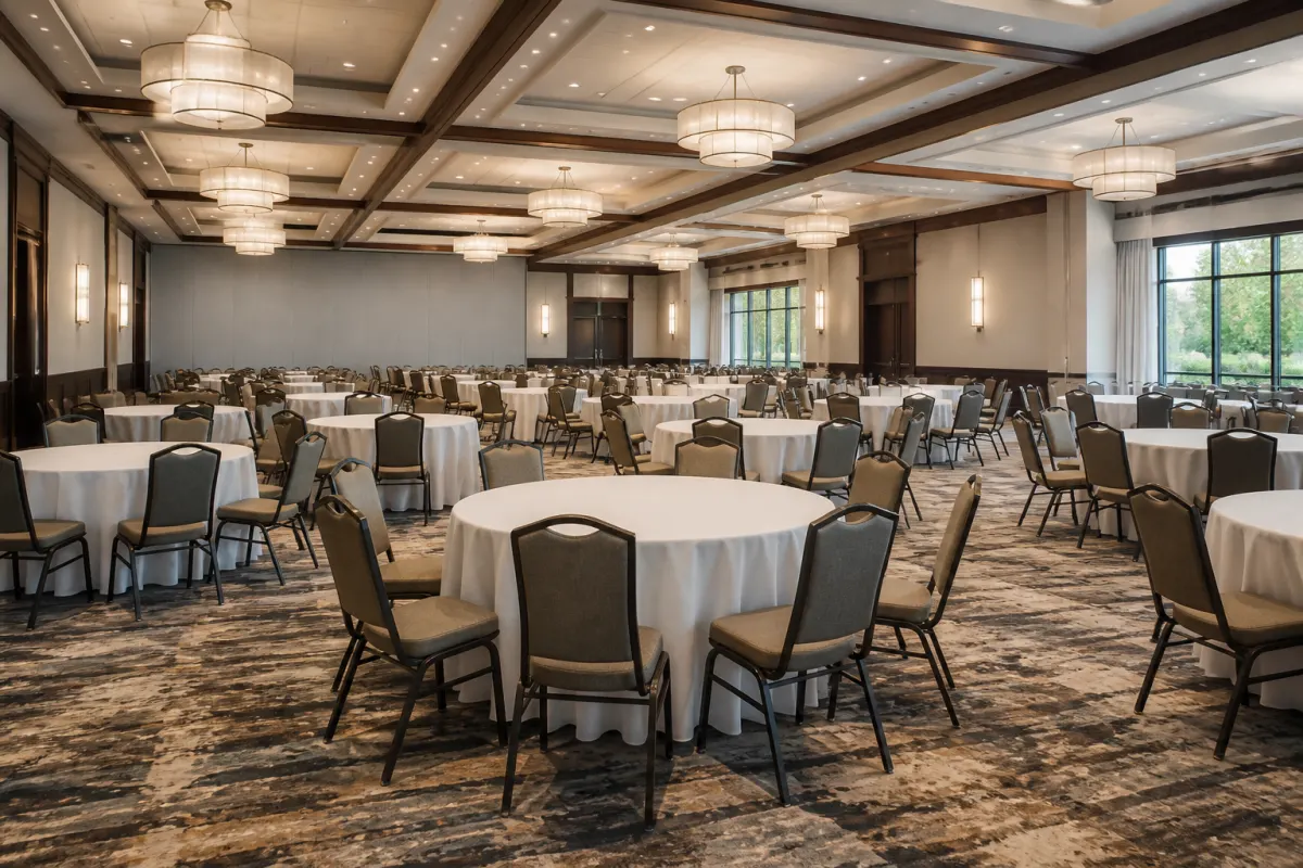 Large banquet hall set with round tables and padded stacking banquet chairs, wide establishing shot
