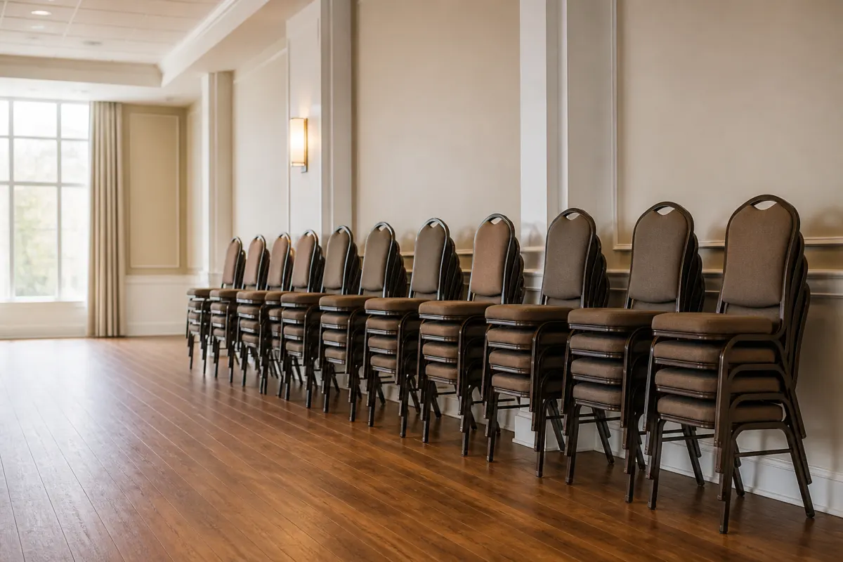Row of stacked banquet chairs staged along the wall of an event room ready for setup, clean and orderly