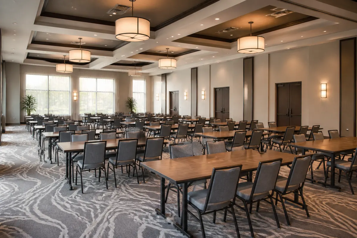 Banquet hall with rows of rectangular tables ready for an event, uncovered table tops, stacking chairs in place