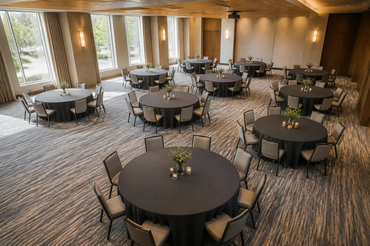Round banquet tables arranged across a large event room, seen from a high corner angle