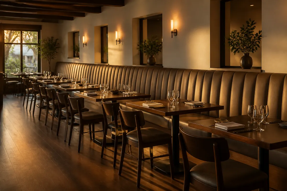 Restaurant dining room with a long upholstered banquette along the wall paired with generic dining tables, warm evening light