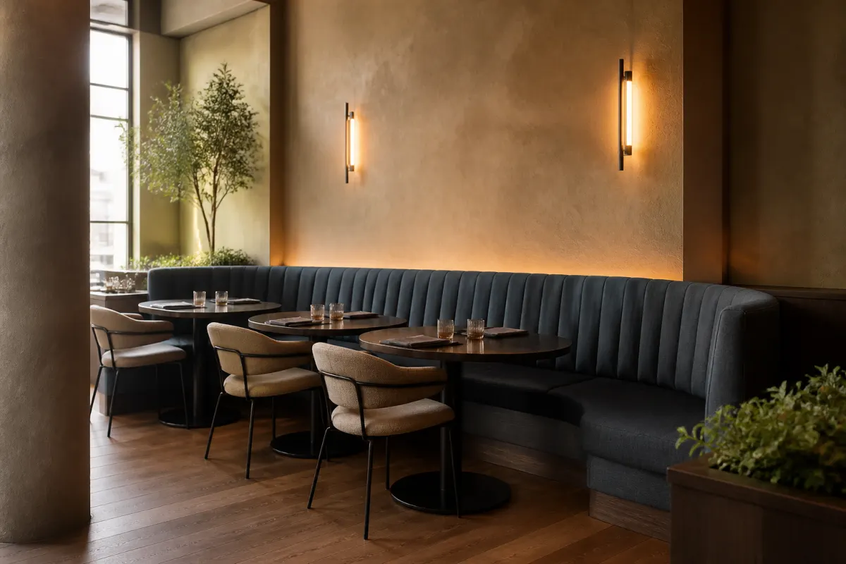 Corner banquette seating nook in a modern restaurant, curved upholstered bench and small tables, shot from across the room