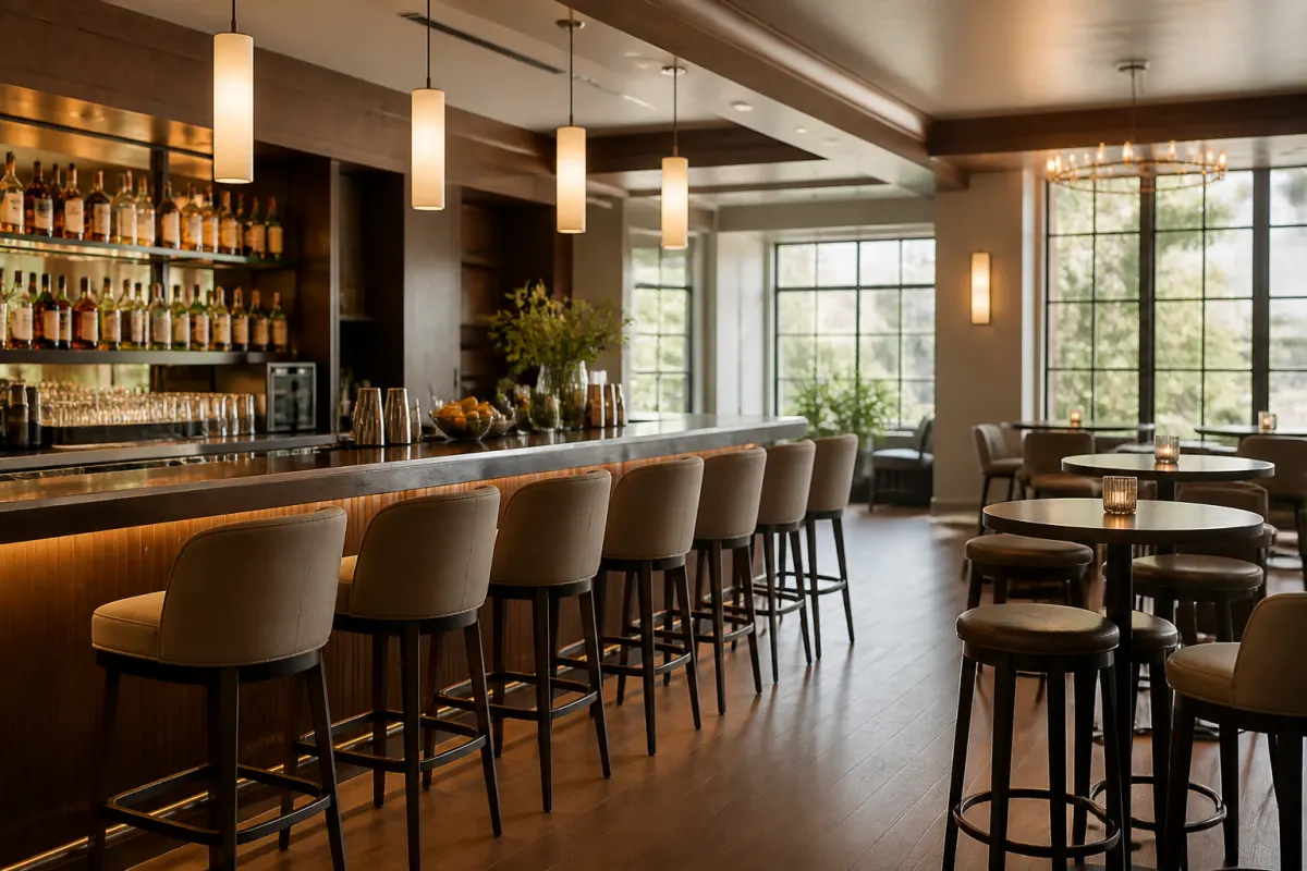 Commercial bar interior with a long counter, upholstered barstools, and high top tables, warm wood and brass tones