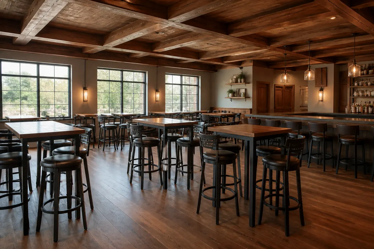 High top bar tables with matching stools in a modern tavern interior, seen from across the room
