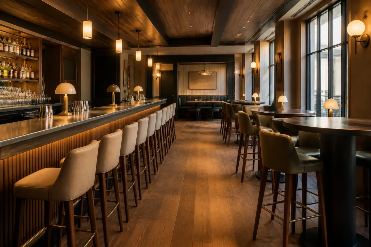Commercial bar interior with a long counter, upholstered barstools, and high top tables, warm wood and brass tones