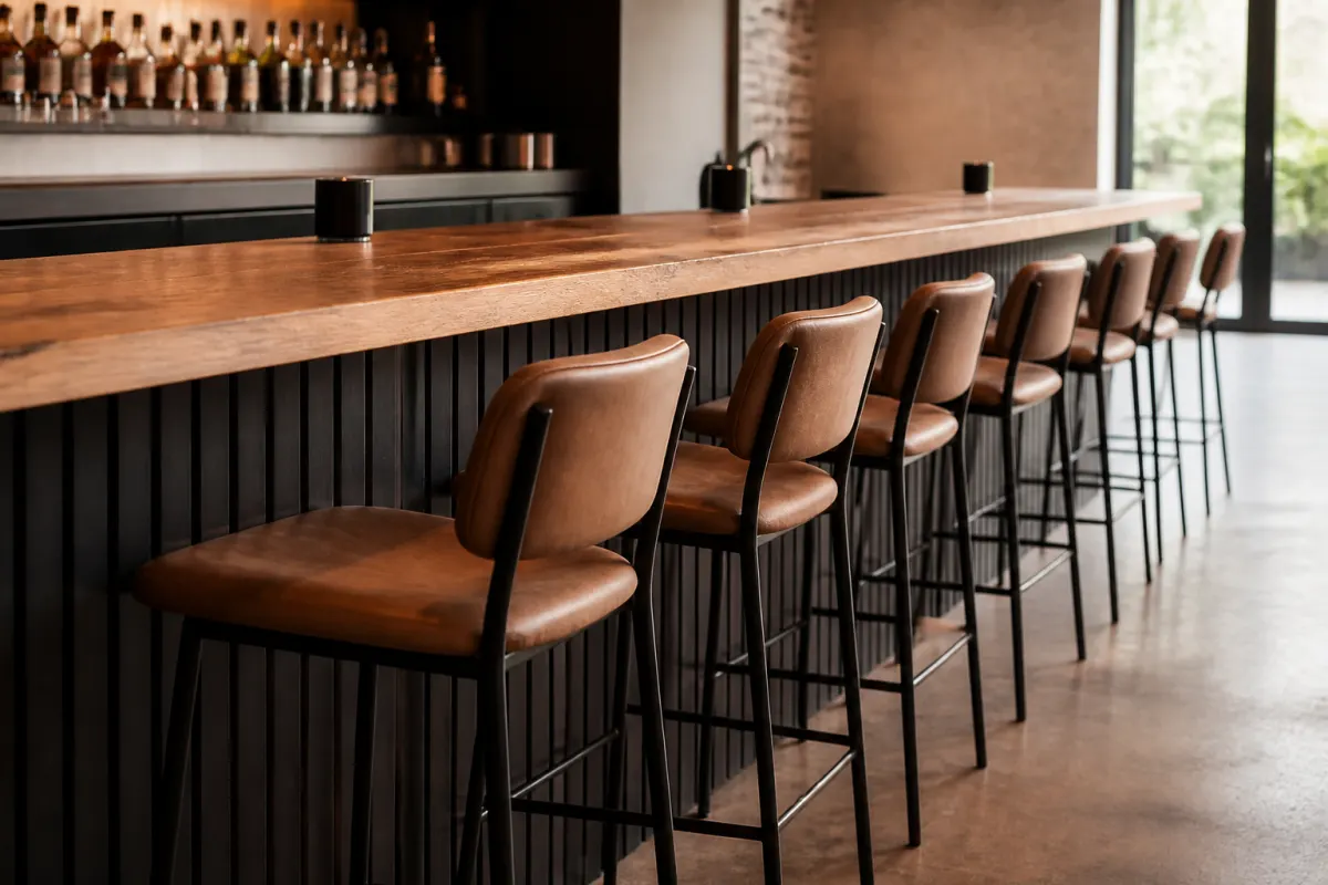 Row of generic commercial barstools at a wood topped bar counter, warm tones, editorial angle