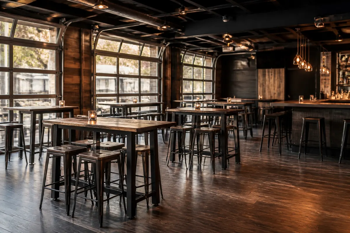High top bar tables with matching stools in a modern tavern interior, seen from across the room