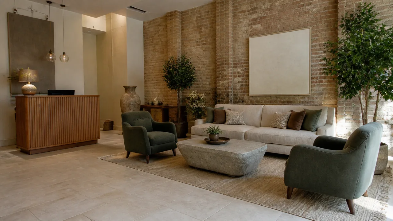 A boutique hotel lobby with a fluted wood reception desk on one side and a seating group of a long sofa, two green armchairs and a carved stone coffee table on a rug