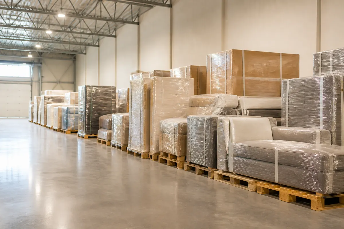 Clean commercial warehouse with shrink wrapped furniture on pallets in orderly rows, bright even light, no readable labels