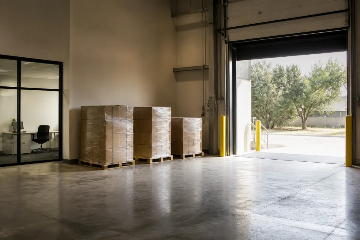 Loading dock of a distribution warehouse with a few wrapped pallets staged neatly by the open bay door