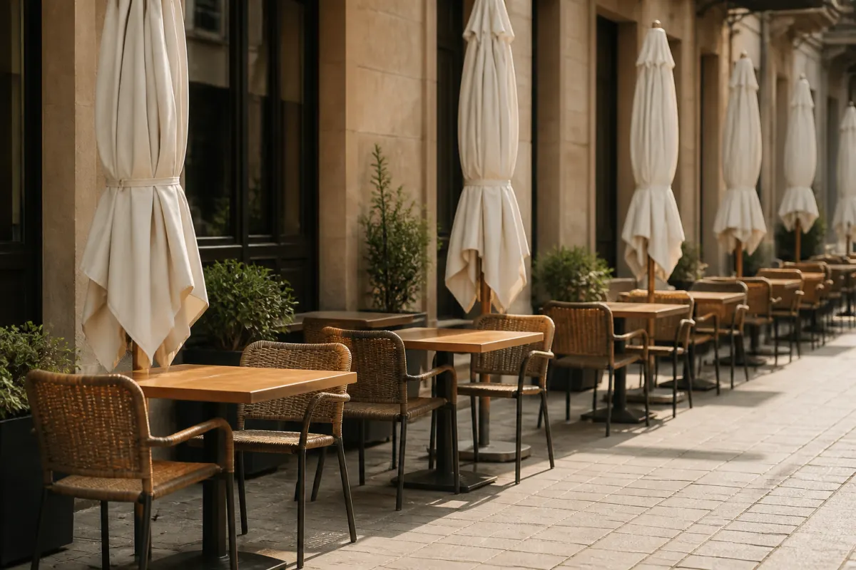 Row of neatly arranged outdoor cafe tables with folded umbrellas closed, quiet street scene without people