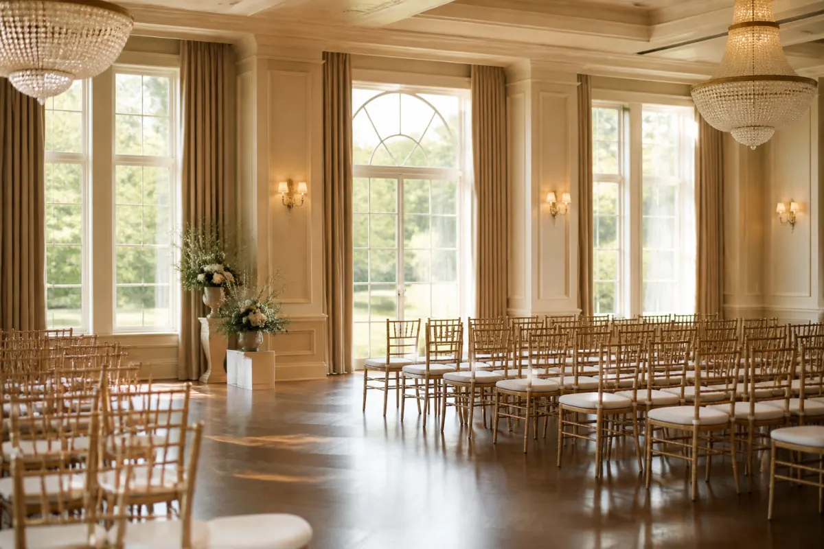 Elegant event ballroom with rows of generic chiavari style chairs arranged for a ceremony, tall windows and warm light