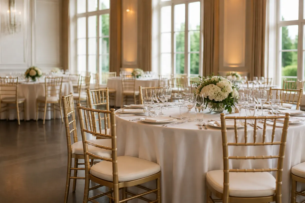 Angled view of chiavari style chairs at round reception tables in an upscale venue, shallow depth