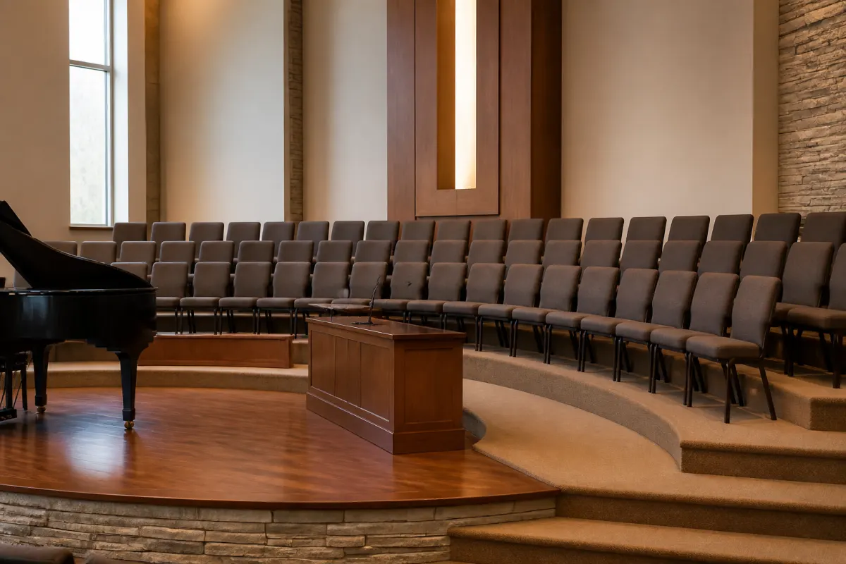 Choir area of a sanctuary with curved rows of padded chairs on low carpeted risers behind the platform